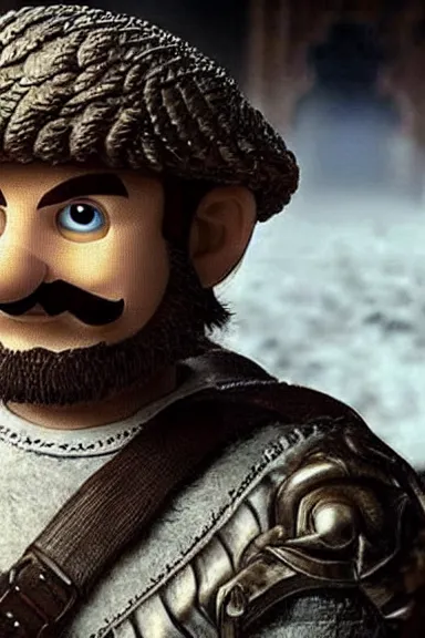 Image similar to “ very very intricate photorealistic photo of a realistic human version of super mario in an episode of game of thrones, photo is in focus with detailed atmospheric lighting, award - winning details ”