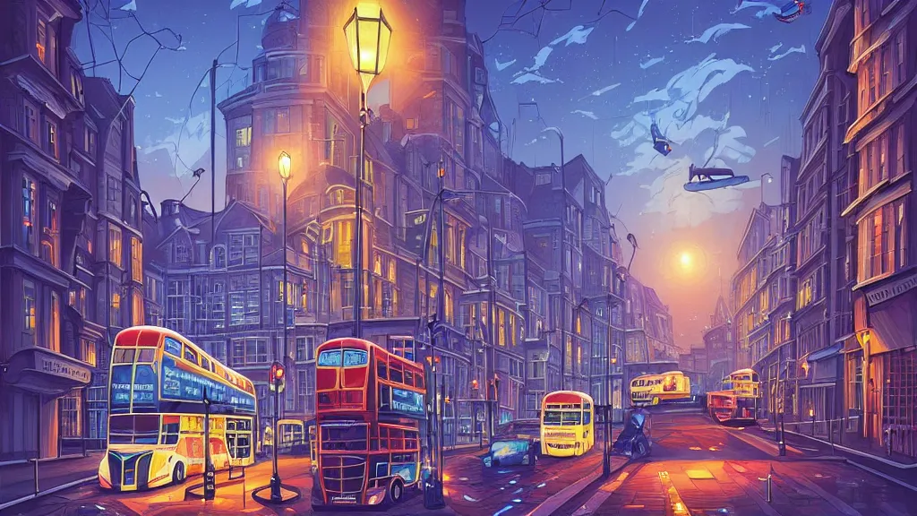 Prompt: street view of london city at night by cyril rolando and naomi okubo and dan mumford and zaha hadid. flying cars. advertisements. elegant lamps. double decker bus.