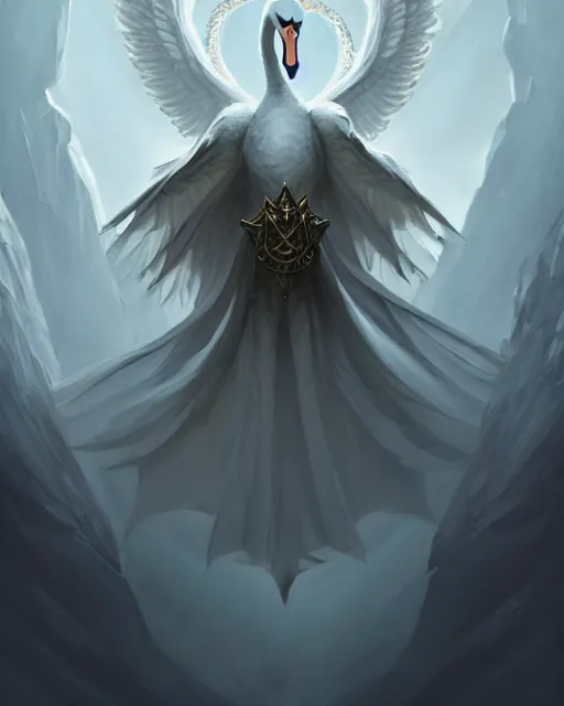 Image similar to Swan, Anthropomorphized, Angelic, Magical, Priest, D&D, artstation, fantasy, magic the gathering artwork, cinematic lighting, centered, symmetrical, highly detailed, digital painting, , concept art, smooth, sharp focus, illustration, volumetric lighting, epic Composition, 8k, art by Akihiko Yoshida and Greg Rutkowski and Craig Mullins, oil painting, cgsociety