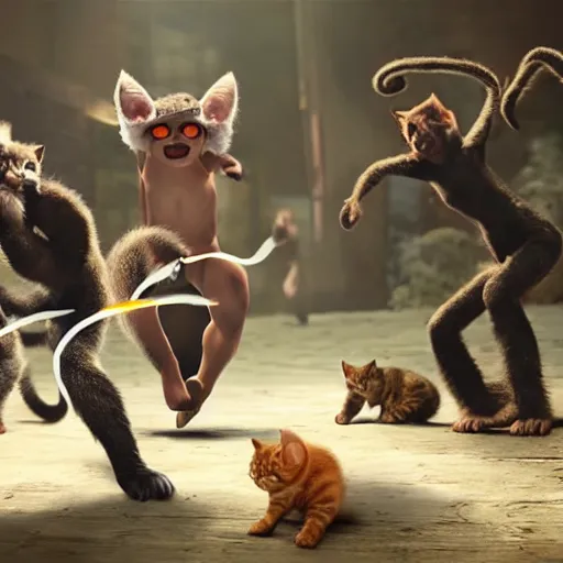 Prompt: a team of kitten superheroes fighting off a hoard of ninja monkeys, ultra realistic, cinematic, 8k, movie still