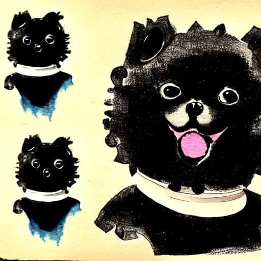 Image similar to a cute black robot pomeranian!!!. ( ( ( alcohol ink on parchment, muted colors, shading!!!, detailed, textured parchment background, 1 9 5 0 s concept art ) ) )