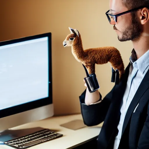 Image similar to photo of Llama in an office, wearing a suit and spectacles, looking at a computer, coffee mug, 50mm, beautiful photo