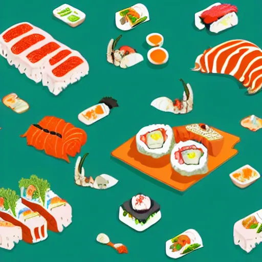 Image similar to neanderthal people eating sushi, surrounded by dinosaurs, gigantic forest trees