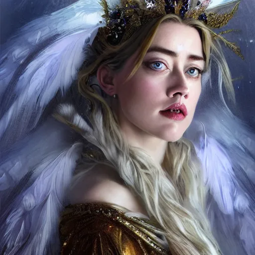 Image similar to hyperrealistic portrait of a woman as amber heard as the winter witch in throne room at night wearing white swan dress long feathers and sapphire jewellery by jeremy mann and alphonse mucha, fantasy art, photo realistic, dynamic lighting, artstation, poster, volumetric lighting, very detailed faces, 4 k, award winning