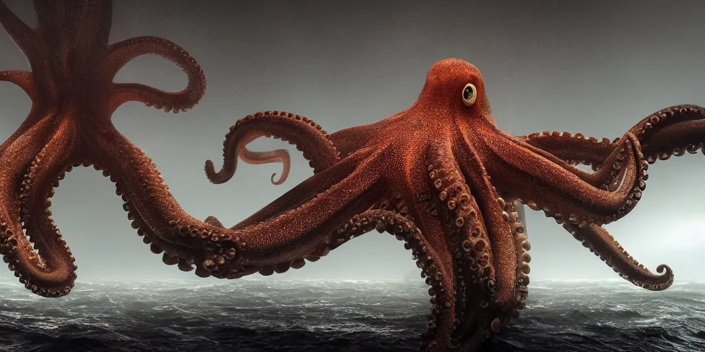 Prompt: just one octopus in ocean, superwide angle, light through the mist, dramatic lighting, photorealistic, cinematic lighting, high detail, cinematic feel, high octane, 4 k, unreal engine, digital render, intricate, ultra realistic, concept art
