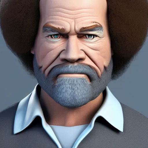 Image similar to Mugshot of Bob Ross with a sinister look on his face, ultra realistic, realistic, highly detailed, epic, HD quality, 8k resolution, body and headshot, film still, front facing, front view, headshot and bodyshot, detailed face, very detailed face