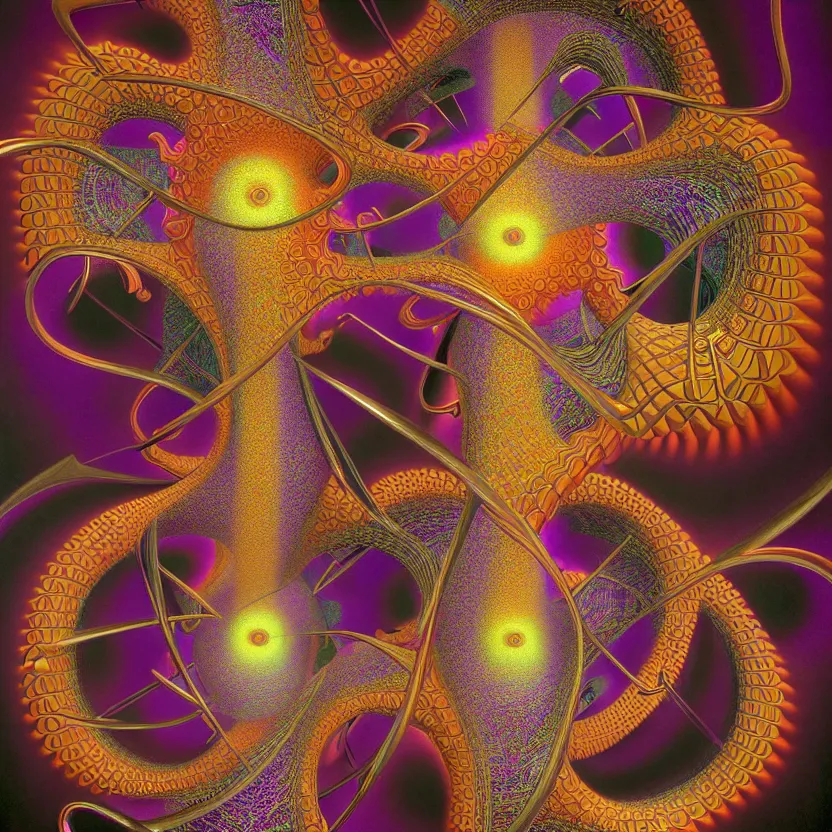 Image similar to 3 d render of infinite fractals of consciousness, recursion, symbols, surreal, by salvador dali and mc escher and alex grey, oil on canvas, hd, dreams, intricate details, warm colors, octane render