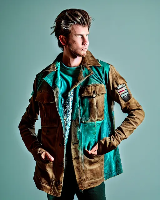 Image similar to an award - winning photo of a male model wearing a baggy teal distressed medieval menswear moto jacket, 4 k, studio lighting, wide angle lens