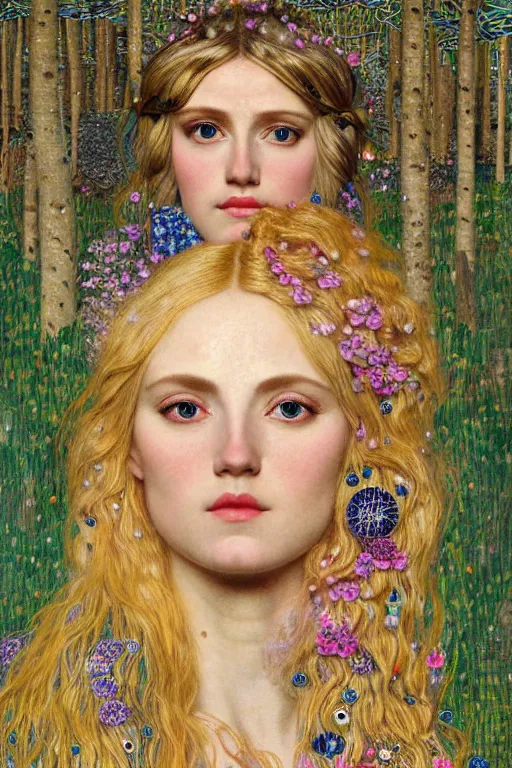 Prompt: portrait of a realistic ethereal woman with blond hair covering one eye with one hand, wearing a mosaic dress in the forest at night, in the style of john william godward and gustav klimt, intricate details, colorful, high detail, 8 k, art nouveau, face symmetry, masterpiece, sharp focus