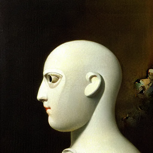 Image similar to a painting by thomas cole of a 3 d white robot head made of millions of tiny white spheres, highly detailed, plain white background