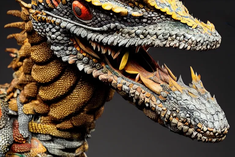 Image similar to photo taken of an epic intricate, ultra detailed, super realistic gritty, hero prop, exquisitely weathered animatronic movie prop of a lifelike sculpture of a quetzalcoatl dragon snake creature displayed in the workshop, created by weta workshop, full body shot, photorealistic, sharp focus