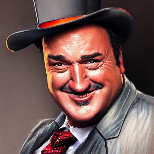 Image similar to UHD hyperrealism painting of Jim Belushi as Dapper Dan, by Antonio Caparo and Todd McFarlane and Greg Rutkowski, UHD, photorealistic, trending on artstation, trending on deviantart, correct face, realistic clown makeup