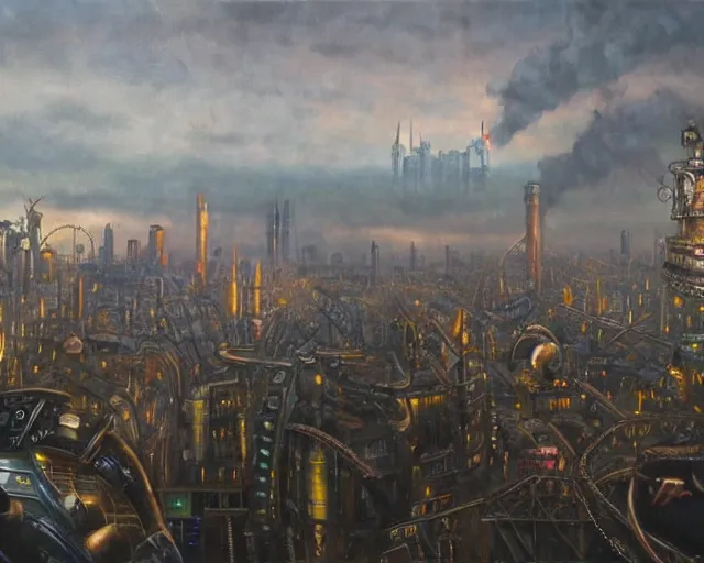 Image similar to oil painting of a big steampunk zeppelin over cyberpunk london, futuristic watchtower, view from far away, dark vibes, very serous painting, majestice masterpiece, tonalism