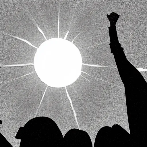 Prompt: wide shot of a small crowd pointing at the sun. in the style of salvador dali