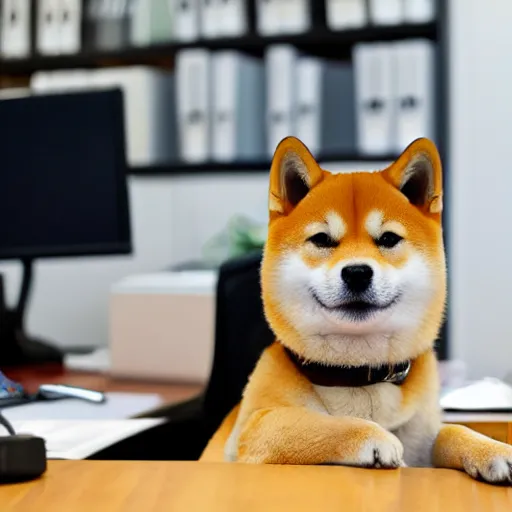 Prompt: shiba inu working in office, high quality photo