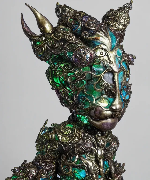 Prompt: cartoon guardian spirit of the cloud forests. translucent resin sculpture, backlighting, depth of field, 4 k, metallic filigree details, g rated