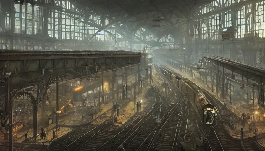 Prompt: Dieselpunk railway station, anamorphic lens, steam, epic composition, intricate, elegant, volumetric lighting, digital painting, highly detailed, artstation, sharp focus, illustration, concept art, ruan jia, steve mccurry