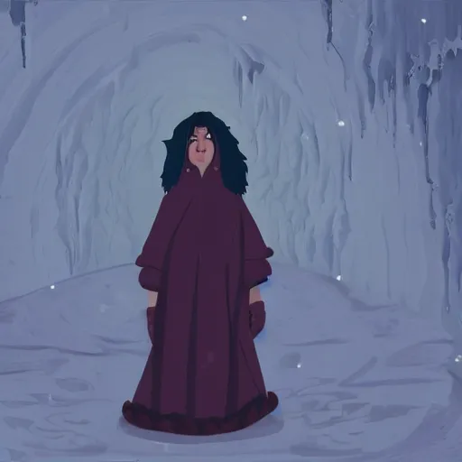 Image similar to a young woman in a fur coat with the hood above her head trying to cover her from the cold icy surrounding, in the style of alberto mielgo, arcane, award winning animated movie,