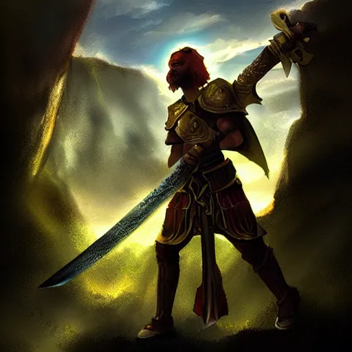 Image similar to a victorious fantasy warrior raising sword in a beautiful valley, dramatic lighting, digital painting, concept art