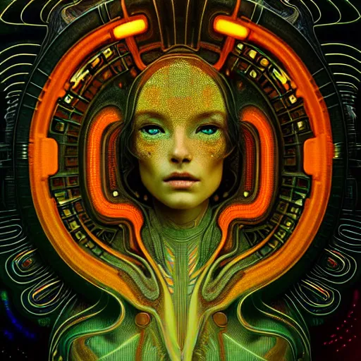 Image similar to extremely psychedelic beautiful brutalist cyborg organism infected by night. intricate, elegant, highly detailed, extremely lifelike photorealistic digital painting, artstation. steichen, gaston bussiere, tom bagshaw, brutalist cyberpunk alphonse mucha. elegant minimalism. anatomically correct. sharp focus. gold with white accents. surreal lush cosmic hallucination