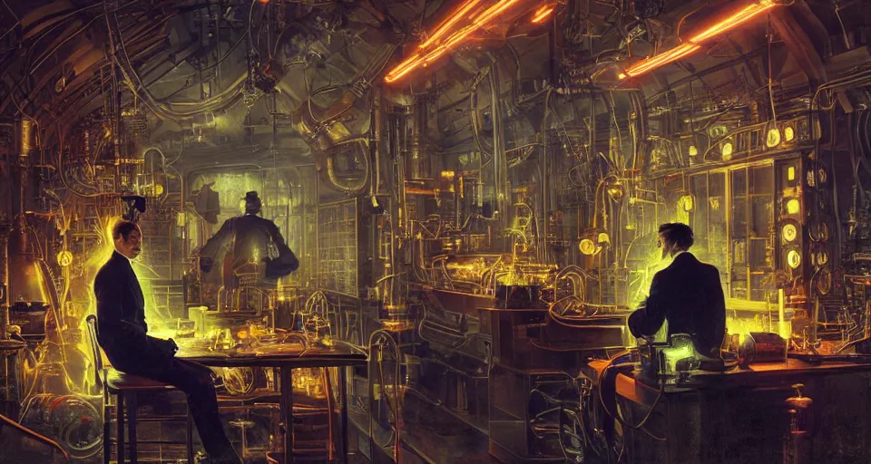 Prompt: nikolai tesla in his lab, glowing jacket, electrical arcs, neon glow, highly detailed, digital art, intricate, dramatic lighting, steampunk, neon colors, cinematic, art by norman rockwell, greg rutkowski, caravaggio, artgerm