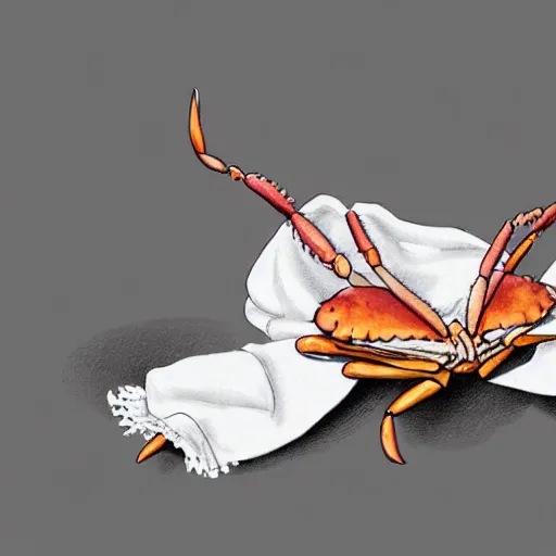 Image similar to crab holding a napkin in its claw, a nightgown and slippers lying on the ground next to it, digital art