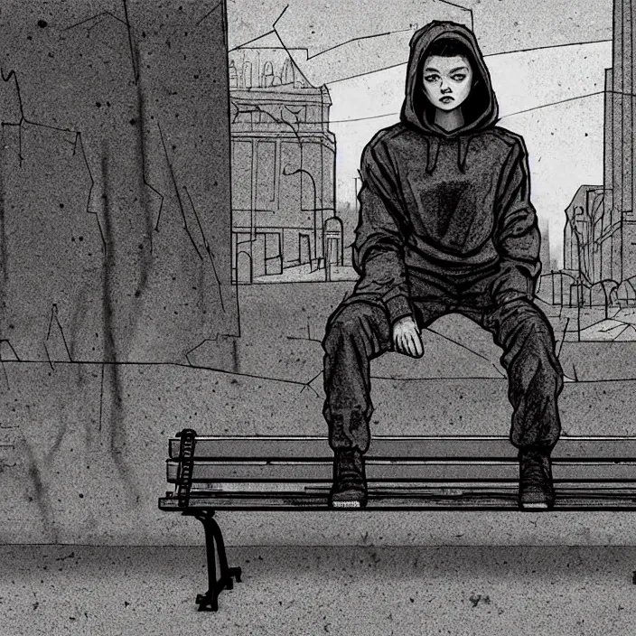 Prompt: sadie sink in hoodie sat on bench in ruined square, pedestrians walk by. background of old soviet monument and pedestrians. storyboard, scifi cyberpunk. by gabriel hardman, joe alves, chris bonura. cinematic atmosphere, detailed and intricate, perfect anatomy