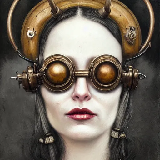 Image similar to a hyperrealistic portrait painting of a beautiful woman with demon horns wearing steampunk goggles, by santiago caruso, highly detailed,