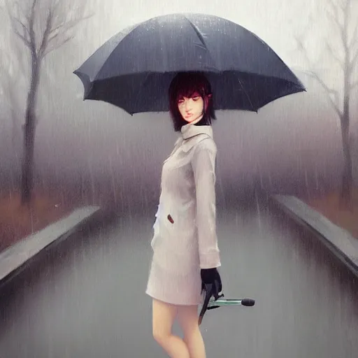 Image similar to A ultradetailed beautiful portrait panting of a stylish girl with an umbrella, rainy day, Oil painting, by Ilya Kuvshinov, Greg Rutkowski and Makoto Shinkai