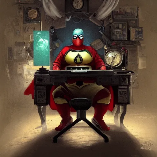 Image similar to a insanely detailed painting of a fat masked superhero wearing a costume sitting at a desk, staring at the nervously at the computer and clicking on the mouse, in the style of peter mohrbacher, dramatic lighting and composition, trending on artstation, concept art, comic book