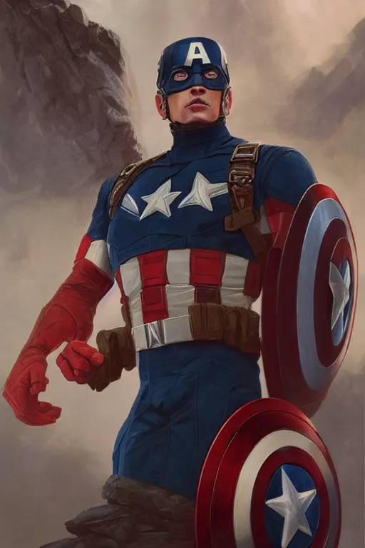 Image similar to a distant cinematic shot of Donald Trump as Captain America, D&D, fantasy, intricate, elegant, highly detailed, digital painting, artstation, concept art, matte, smooth, sharp focus, illustration, art by Artgerm and Greg Rutkowski and Alphonse Mucha, oil painting, 8k, hyper realistic