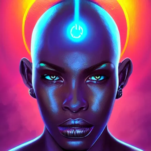 Image similar to african neon necromancer, science fiction, highly detailed, digital painting, beautiful eyes, symmetry, concept art, sharp focus, illustration, global illumination, radiant light, synthwave colors, detailed and intricate environment, art by artgerm and greg rutkowski and magali villeneuve and ilya kuvshinov!