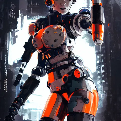 Prompt: highly detailed portrait of a post-cyberpunk robotic young lady with space helmet and wired cybernetic face modifications, robotic limbs, by Akihiko Yoshida, Greg Tocchini, Greg Rutkowski, Cliff Chiang, 4k resolution, persona 5 inspired, vibrant orange, black and white color scheme with sparking stray wiring