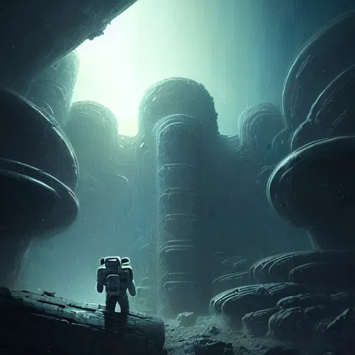 Image similar to astronaut exploring a strange surface of another planet, there are ruins of ancient civilization, ultra high definition, ultra detailed, symmetry, sci - fi, dark fantasy, in style of heavy metal comic, dark and horror style, metal by greg rutkowski and ross tran