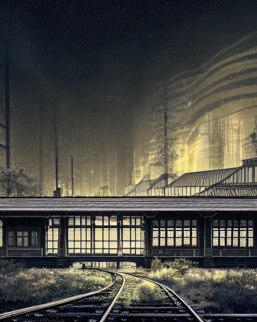 Image similar to a beautiful hyperdetailed illustration of industrial architecture railroad station abandoned by alvar aalto, cosmic at night thermal vision forest tokyo dramatic lighting, archdaily, wallpaper, highly detailed, trending on artstation.