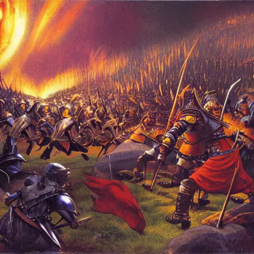 Prompt: fantasy battle scene by the Brothers Hildebrandt, fire and magic, wide angle