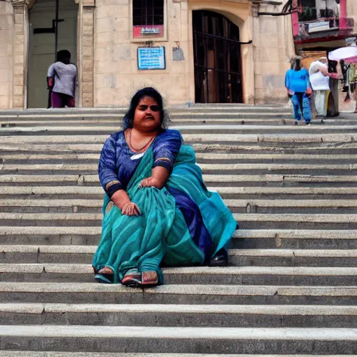 Prompt: an obese indian woman in a wheelchair on steps in Porto, detailed photo