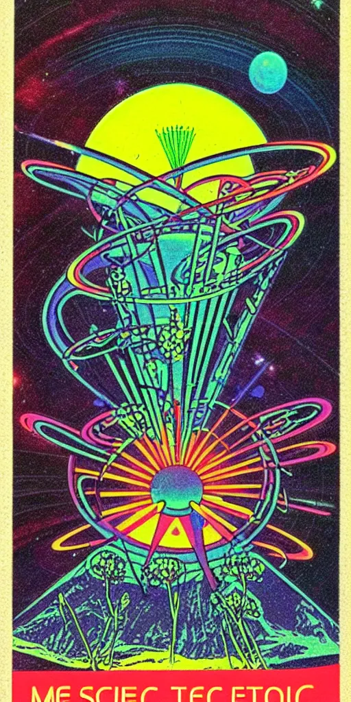 Image similar to 1968 science fiction tarot card, cut out collage, neon Aztec, spring on Saturn, epic theater, deep sea, mountain plants, drawings in part by moebius, part by Ernst Haekl, text by William S Boroughs,