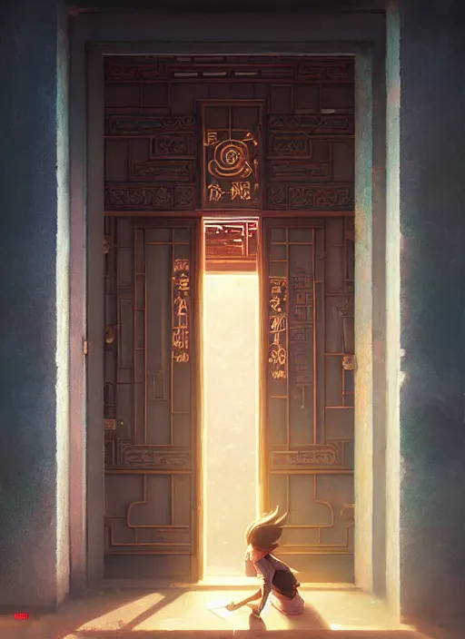 Image similar to Highly detailed and reflective chinese door, Stephen Bliss, unreal engine, fantasy art by Greg Rutkowski, Loish, Rhads, Makoto Shinkai and Lois van baarle, ilya kuvshinov, rossdraws, Tom Bagshaw, global illumination, radiant light, detailed and intricate environment