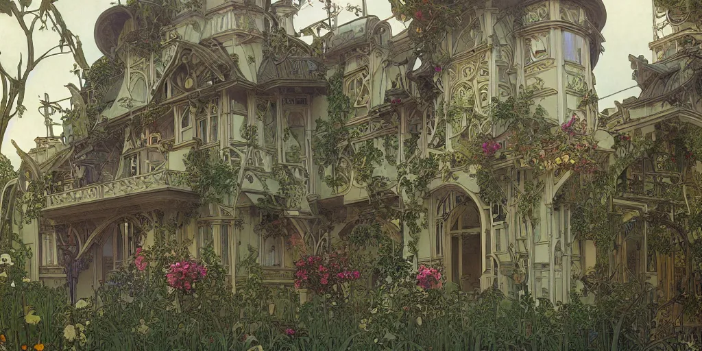 Prompt: a photo of a concept architecture art house solarpunk in the garden, style brutalism, extremely detailed, sharp focus, wide view, smooth, digital illustration, colorfull, by alphonse mucha