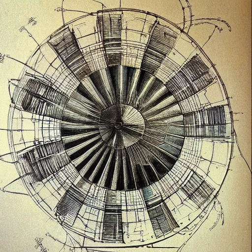 Image similar to leonardo da vinci color intricate full page scan blueprint of an environmental turbine machine, on paper, black ball pen style, :: ultra-detailed technical precision :: mixed media with white and silver lines, realistic composition, point of interest at golden ratio, light from right, more darkness on the bottom, monumentally art composition, high quality of sketching with subtle hairlines, highly detailed rounded forms, inside out and outside in, octane render
