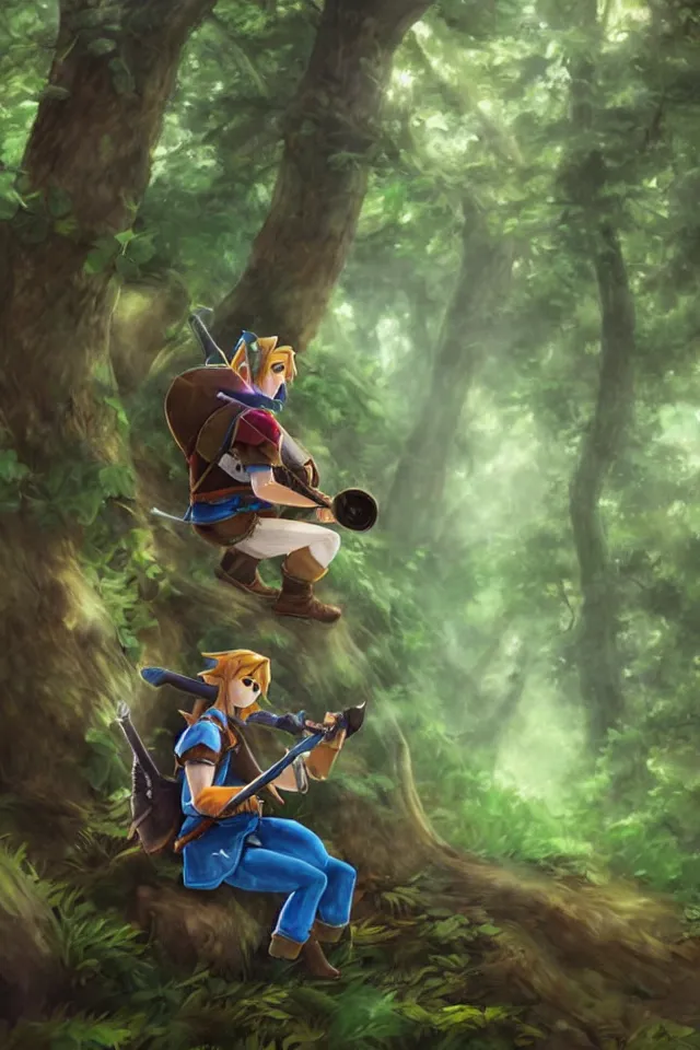 Prompt: a photorealistic portrait of link sitting in woods of hyrule playing ocarina, with a crystal texture and a dreamy atmosphere ， super wide angle ， matte painting ， rtx on ， trending on zelda ocarina of time