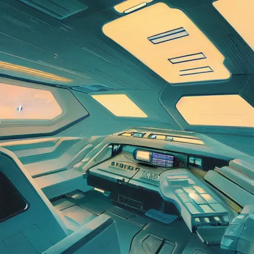 Image similar to Cozy interior of a spaceship, teal lighting, cozy lighting, space seen outside from a window, by Syd Mead, John Harris, Federico Pelat