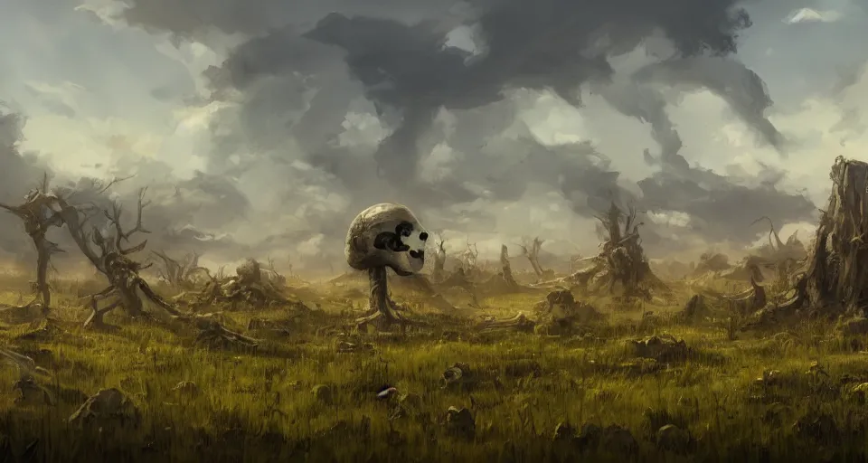 Prompt: landscape painting of a post apocalyptic field with huge skulls lying around by Friedrich, Caspar David, Studio Ghibli, concept art, trending on artstation 4k