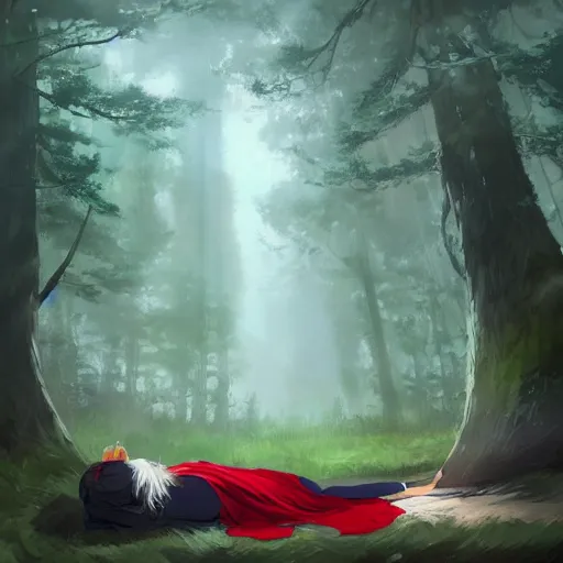 Prompt: girl sorcerer with white hair in a hairbun, wearing a black tshirt, wearing a subtle red scarf, and wearing blue jean. she is laying down sleeping, in a forest landscape. digital art, environment concept art, by rossdraws, ghibli, art by greg rutkowski
