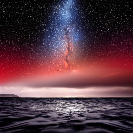 Prompt: tsunami ocean small boat background cosmic night sky in the style of Ansel Adams