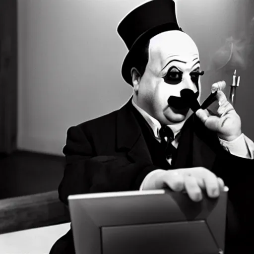 Prompt: noir movie scene by Alfred Hitchcock . a software developer dressed as a clown is smoking in front of a computer.