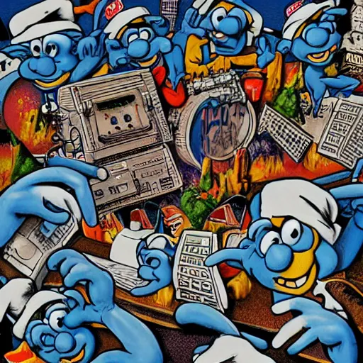 Image similar to the smurfs on the beastie boys album cover, 8 k resolution hyperdetailed photorealism