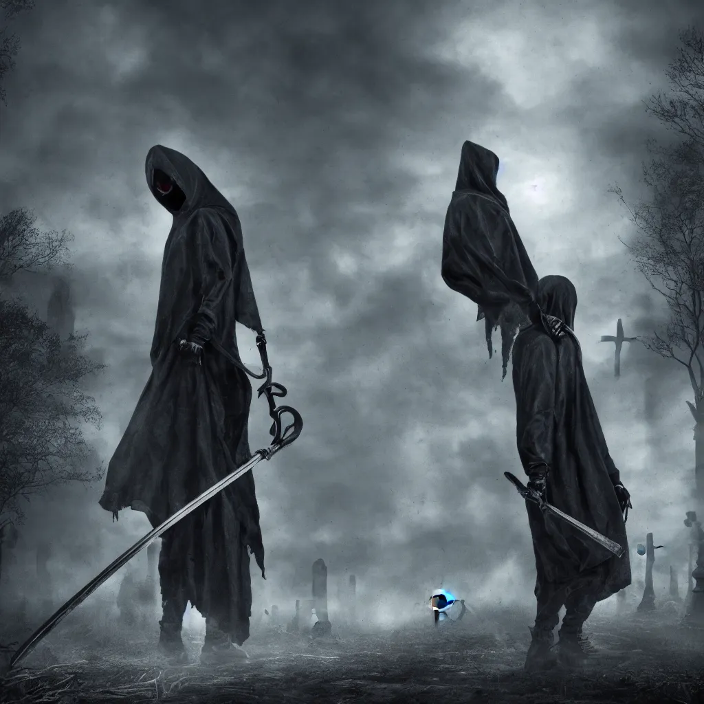 Prompt: death in a hood with a scythe in a cemetery, central composition, dark and mysterious, atmospheric, cinematic, 4k, ultra detail, ultra realistic