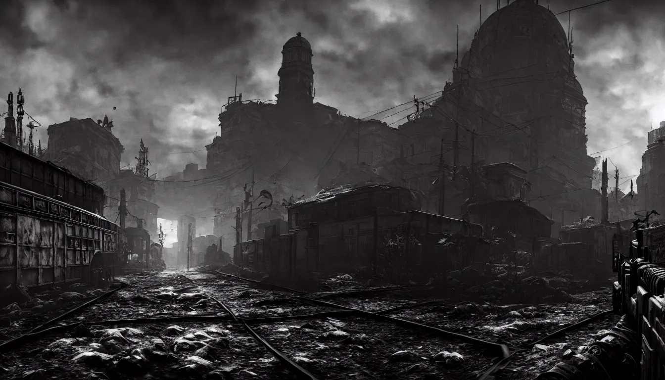 Prompt: metro exodus style, city in the horizon, dark, atmospheric, scary, claustrophobic, ambient vibe, very detailed, black and white, 4 k